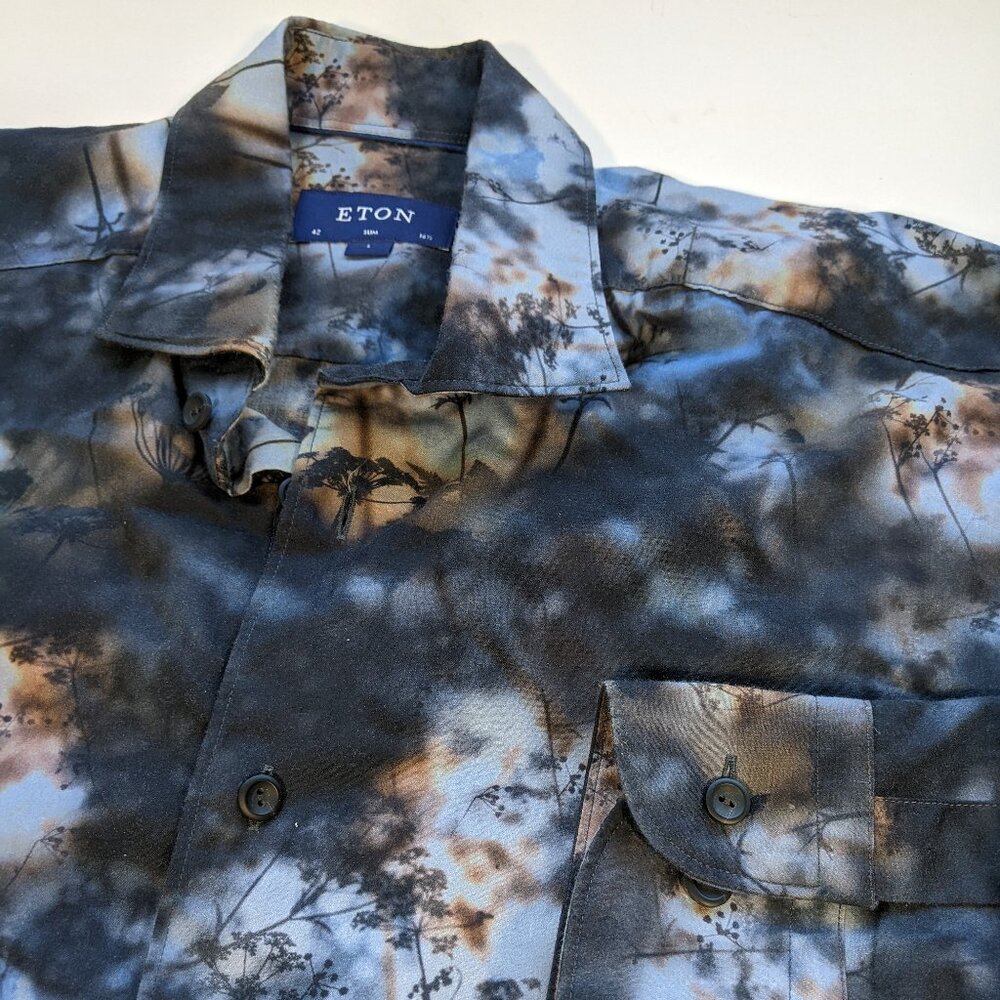 Mens Eton Shirt 16½ 42 Blue Floral Button Up SLIM FIT - LARGE - NEW WITHOUT TAGS